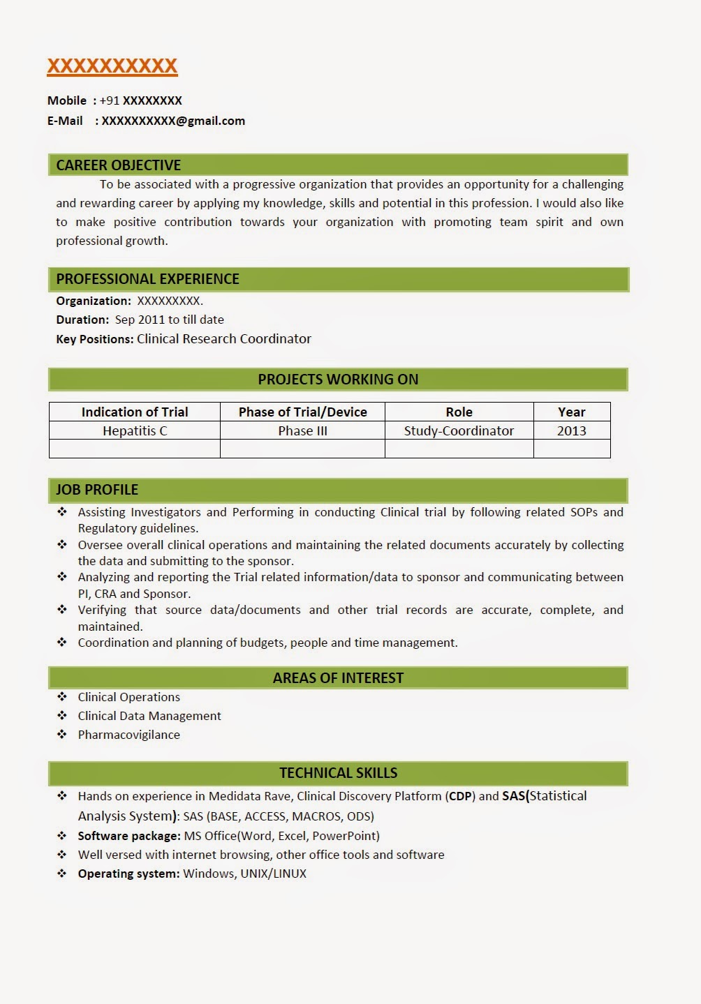 Resume sample categories